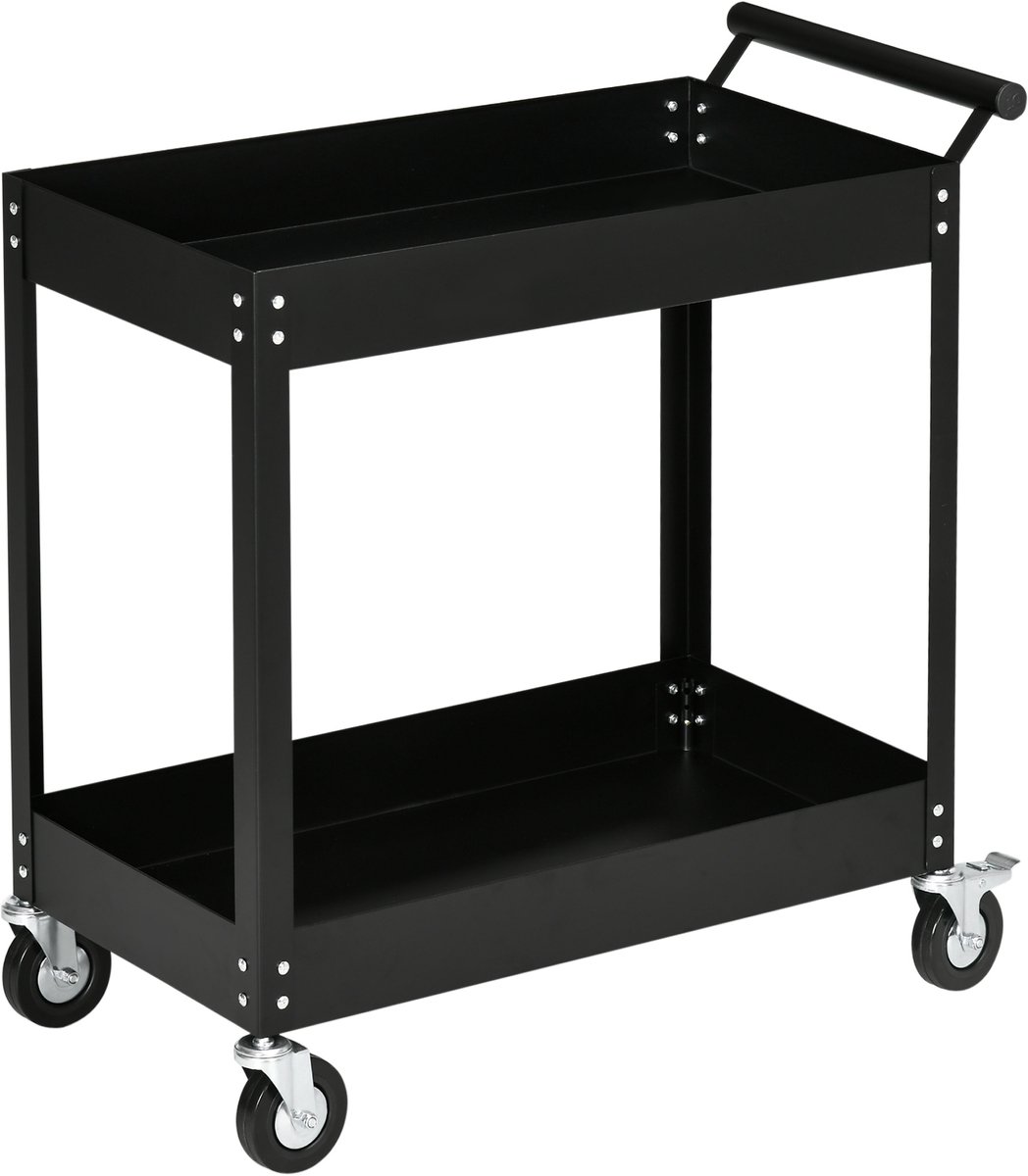 Werkplaatswagen met 2 etages - gereedschapswagen met handgrepen aan de zijkant en vergrendelbare zwenkwielen - 84,5 x 38 x 84 cm -zwart