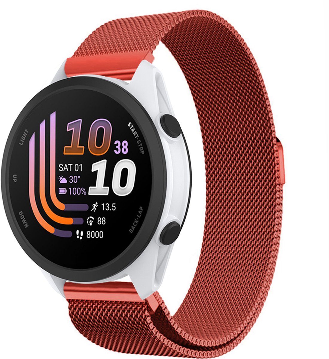 Stravo Milanees Bandje – Geschikt voor Garmin Forerunner 70 / 170 / 55 / 165 / 245, Vivoactive 6 / 5 / 3, Venu SQ 2 – Metalen Milanese Horlogebandje – Rood