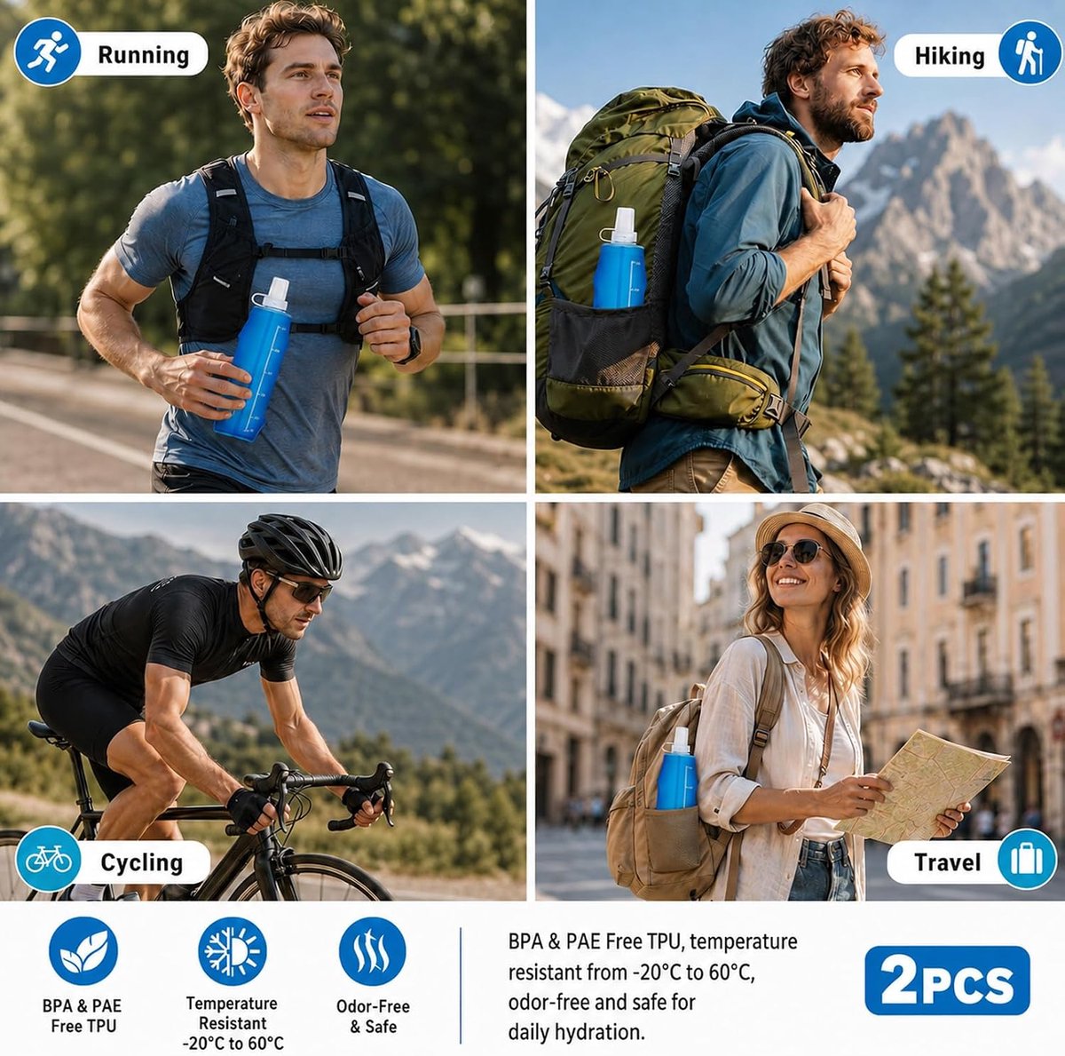 2 Stuks Soft Flask - Drinkfles Hardlopen - Opvouwbare Waterfles - draagbaar - BPA-vrij - Siliconen - Lekvrij - voor Hardloopvest, Hiking & Fietsen - blauw — cadeau in Sport & Outdoor - foto 5