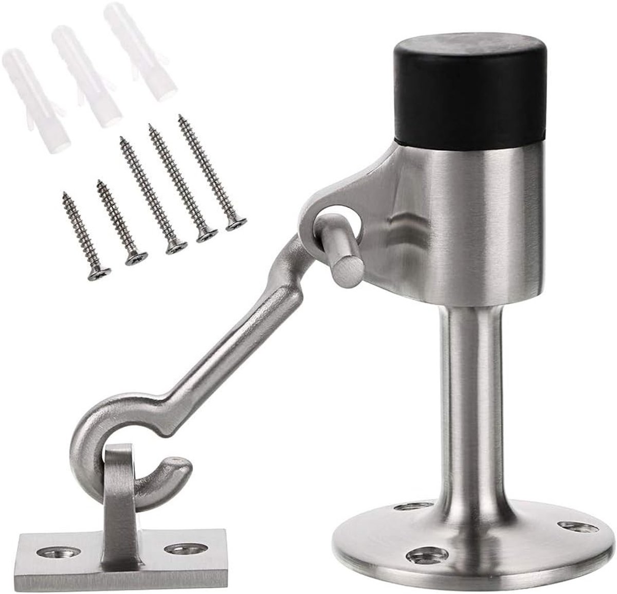 Robuuste Deurstopper - Geborsteld Roestvrij Staal - 128 x 49 mm - Wandmontage met Rubberen Pad - Voor Thuisgebruik