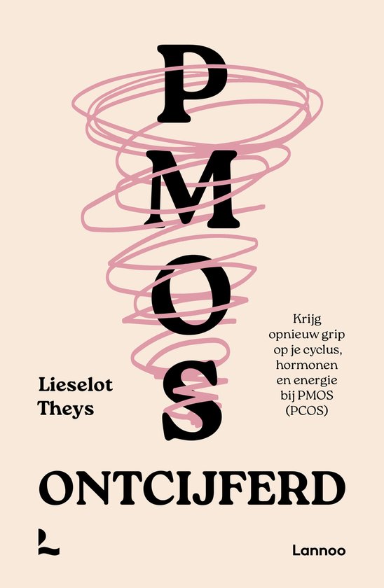 Boekomslag met de titel 'PMOS ontcijferd'. Zwarte letters op een perzikkleurige achtergrond met roze krabbels.