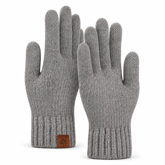 Grijze gebreide handschoenen met ribgebreide boorden en een bruin label met een sneeuwvlok-logo.