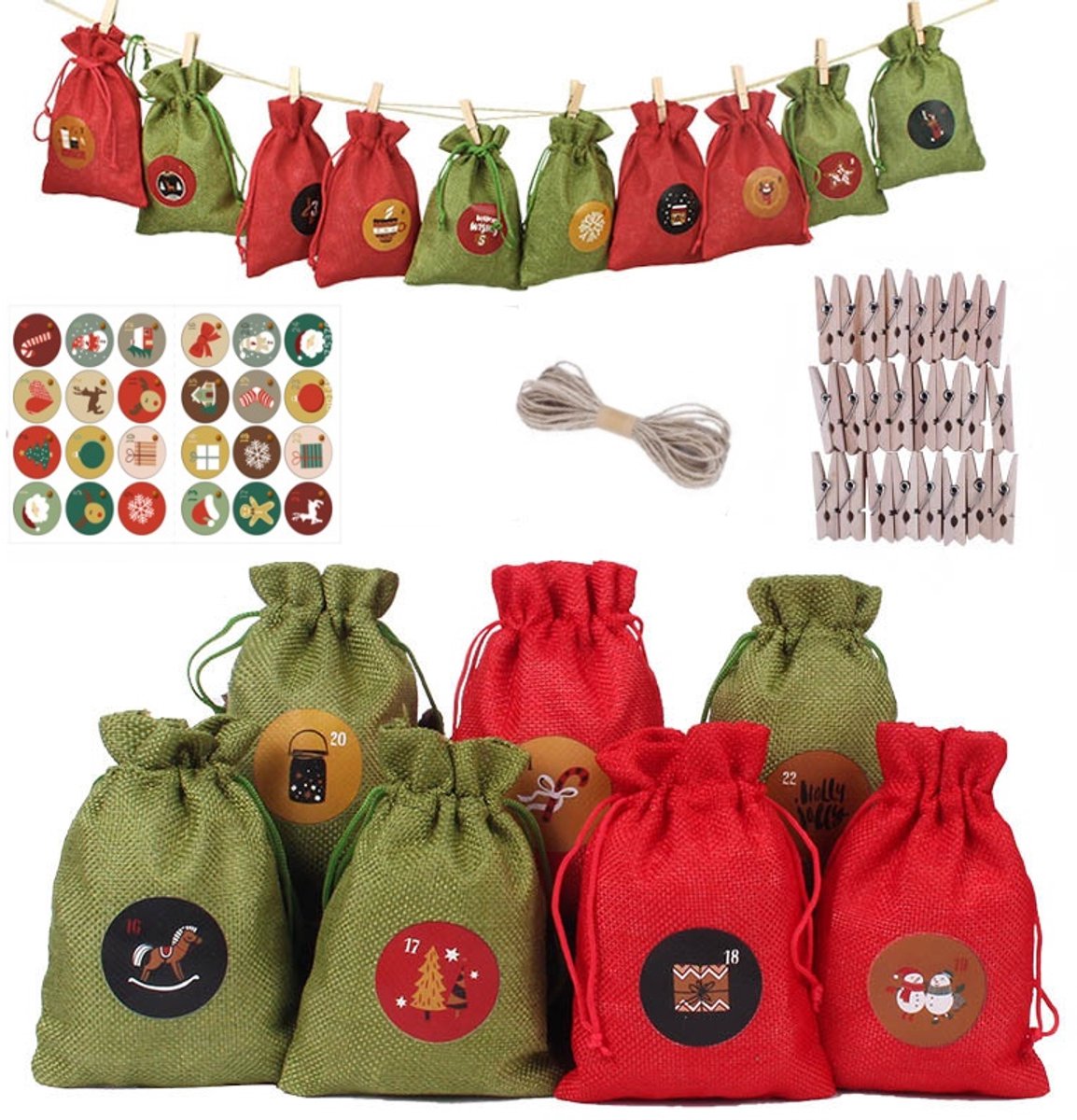 24‑stuks Adventskalender Zakjes voor Kerst - DIY Vulbare Jute Trekzakken - Kerst Cadeauzakjes met stickers en Knijpers - Hangende Adventskalender - 10 x 14 cm - Kerstdecoratie voor Thuis