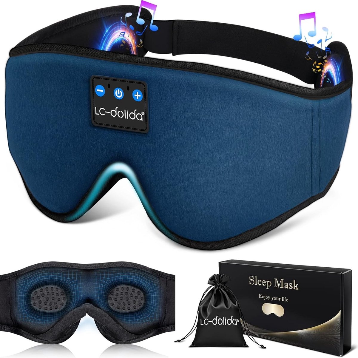 LC-dolida Bluetooth Slaapmasker Hoofdtelefoon voor Zijslapers, Slaapmasker met Ultradunne Stereo Luidsprekers, Totaal Verduisterend 3D Ontwerp, Ademend & Zachte Hoofdtelefoon voor Diepe Slaap/Reizen