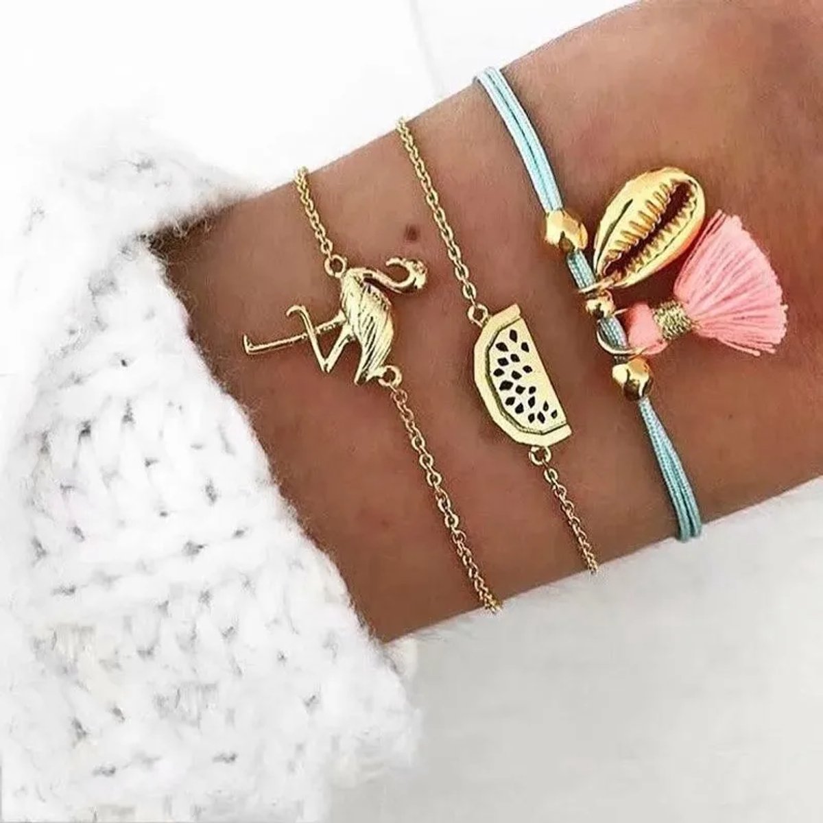Jomide Armbandjes Set - Flamingo/Watermeloen/Schelp - Goudkleurig - 3 delig