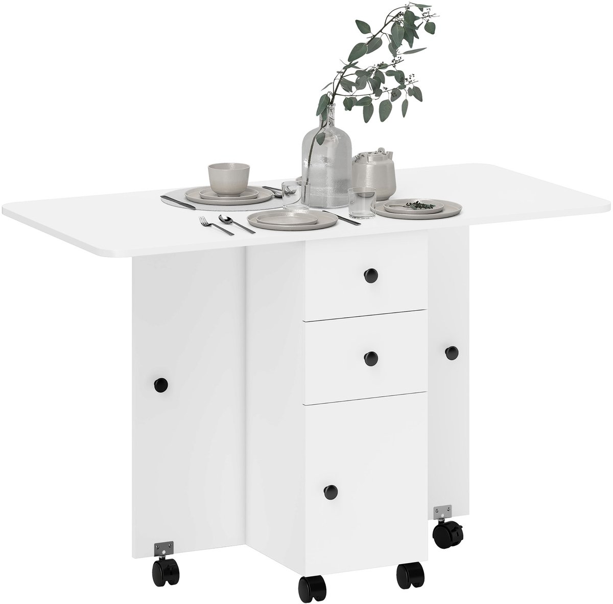 Keukentafel - opvouwbaar - 2 opklapbare dienbladen met 2 laden - 1 kast en 1 opbergrek - 120 x 60 x 76,5 cm - wit