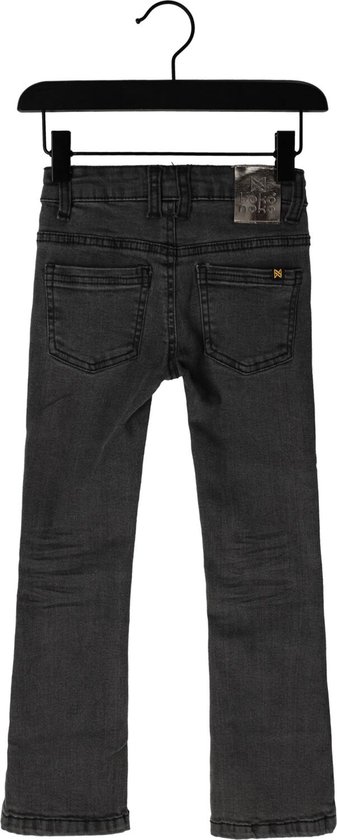 Donkergrijze meisjes jeans met flared pijpen, twee achterzakken en een merklabel.