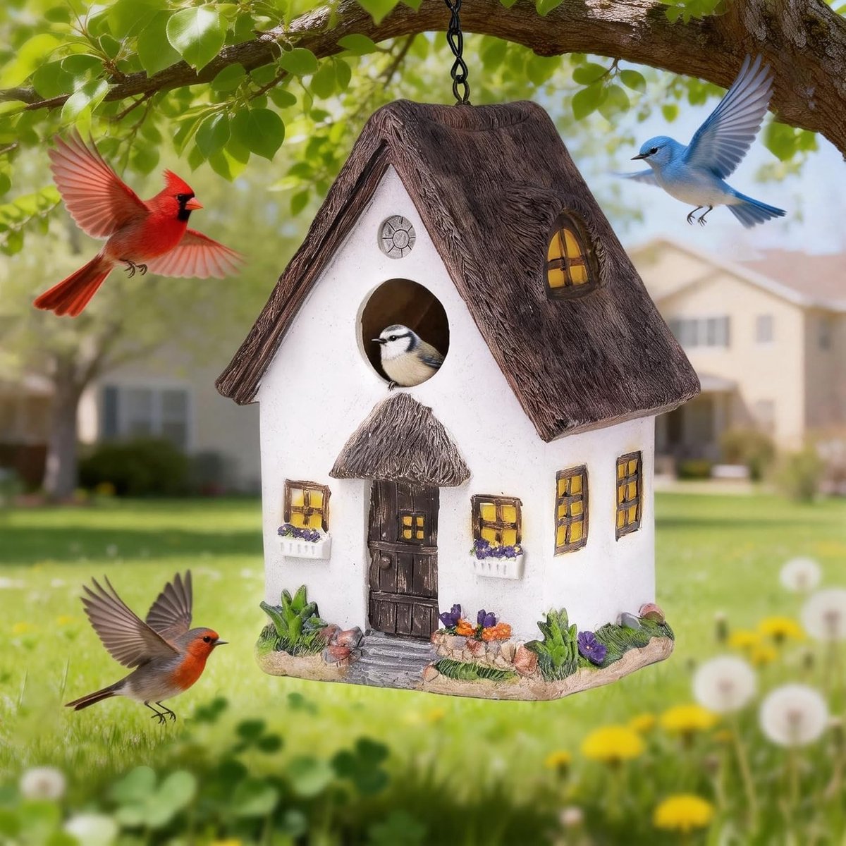 Vogelhuisje - Wit - 19,6 x 13,9 x 11 cm - Weerbestendige Hars met Ophangketting - Voor Buiten