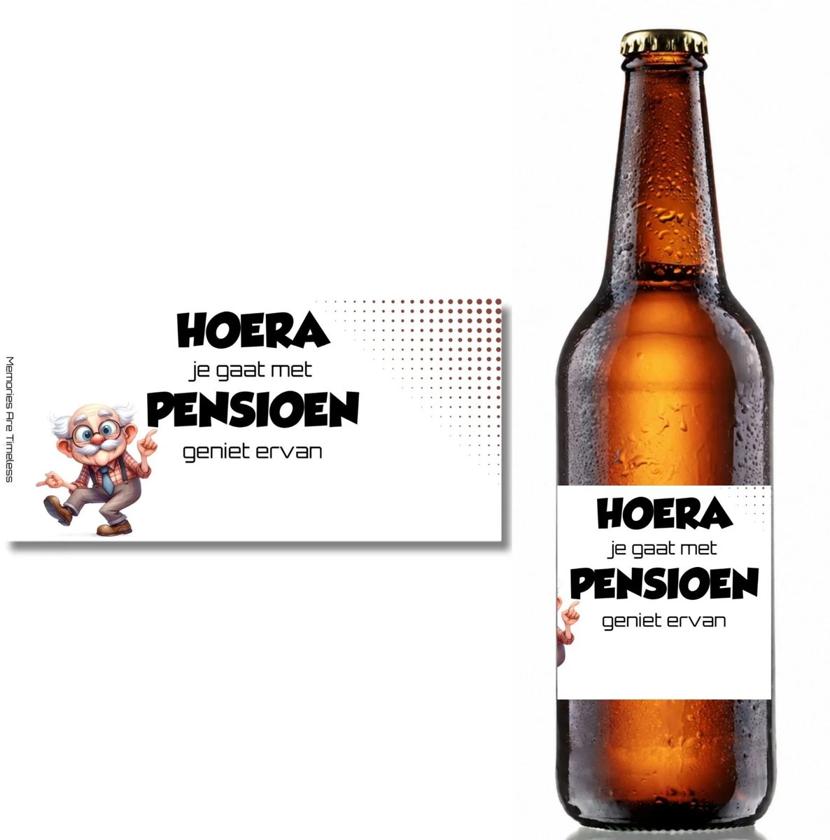 Bieretiket Pensioen | Hoera Je Gaat Met Pensioen | Grappig Pensioen Cadeau Man | 18,5 x 9 cm | Memories Are Timeless