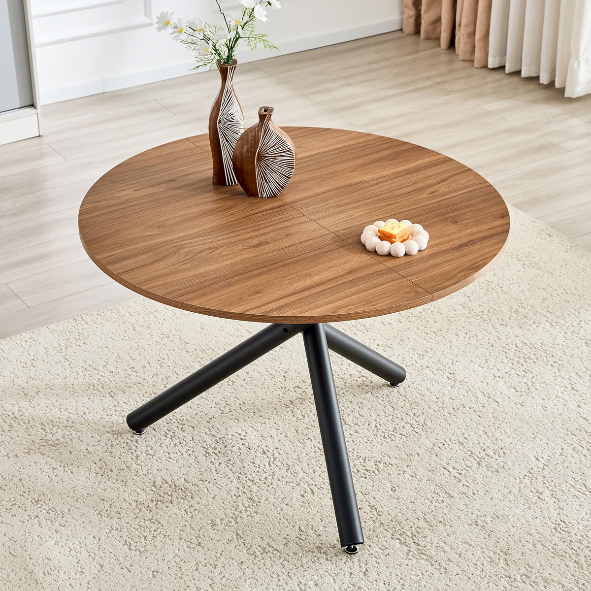 Wishdor Ronde bijzettafel - Industrieel design - MDF tafelblad en metalen onderstel - zwart en walnoot - 110 x 110 x 76,5 cm