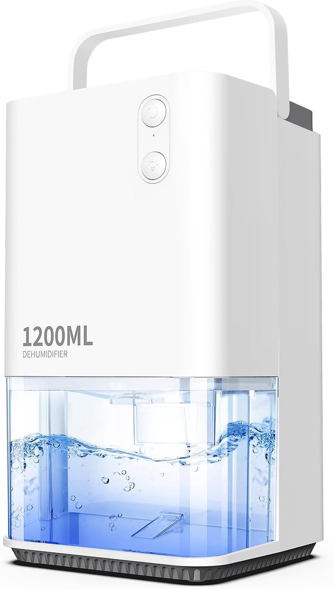 Luchtontvochtiger – 1200 ml – Mini & Stil – 400 ml per Dag – Peltier Technologie – Automatische Uitschakeling – 7 Kleuren LED – Nachtlampje – Draagbaar – Wasbaar Filter – Badkamer – Slaapkamer – Kantoor – Camper – Kast – Tegen Condens & Schimmel