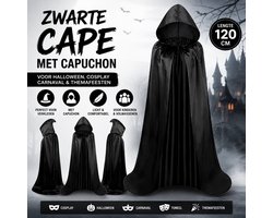 Zwarte Cape met Capuchon - 120 cm - aanbevolen vanaf 115 cm lichaamslengte