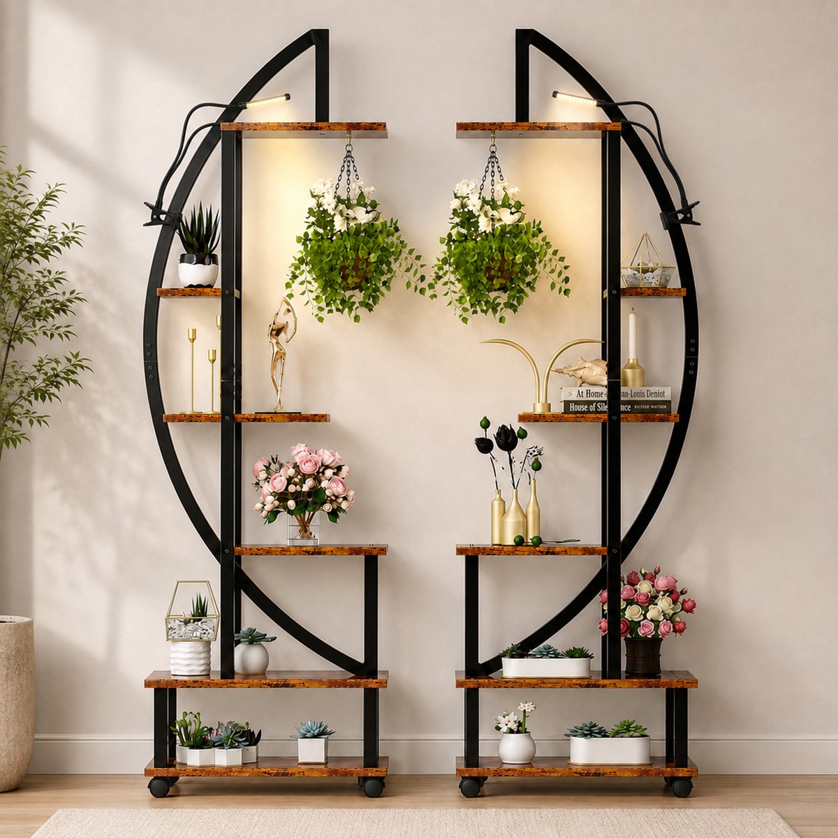Rosnek Set van 2 Plantenstandaarden - 6 Niveaus Plantenrek met 2 Groeilampen - Halfronde Bloemenstandaard op Vergrendelbare Wielen - Metaal en MDF - voor Woonkamer, Balkon en Terras - Zwart