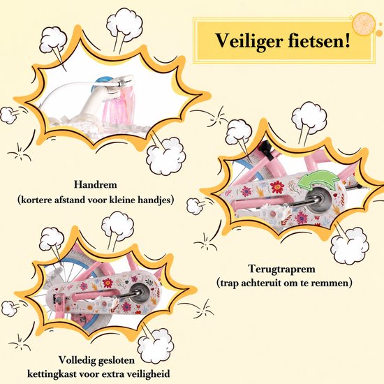 Vankel Meisjesfiets - 12/14/16 inch - Prinses Bloemendesign - Met Zijwieltjes, Roze Rieten Mand en Poppenzitje - Roze — afbeelding 4