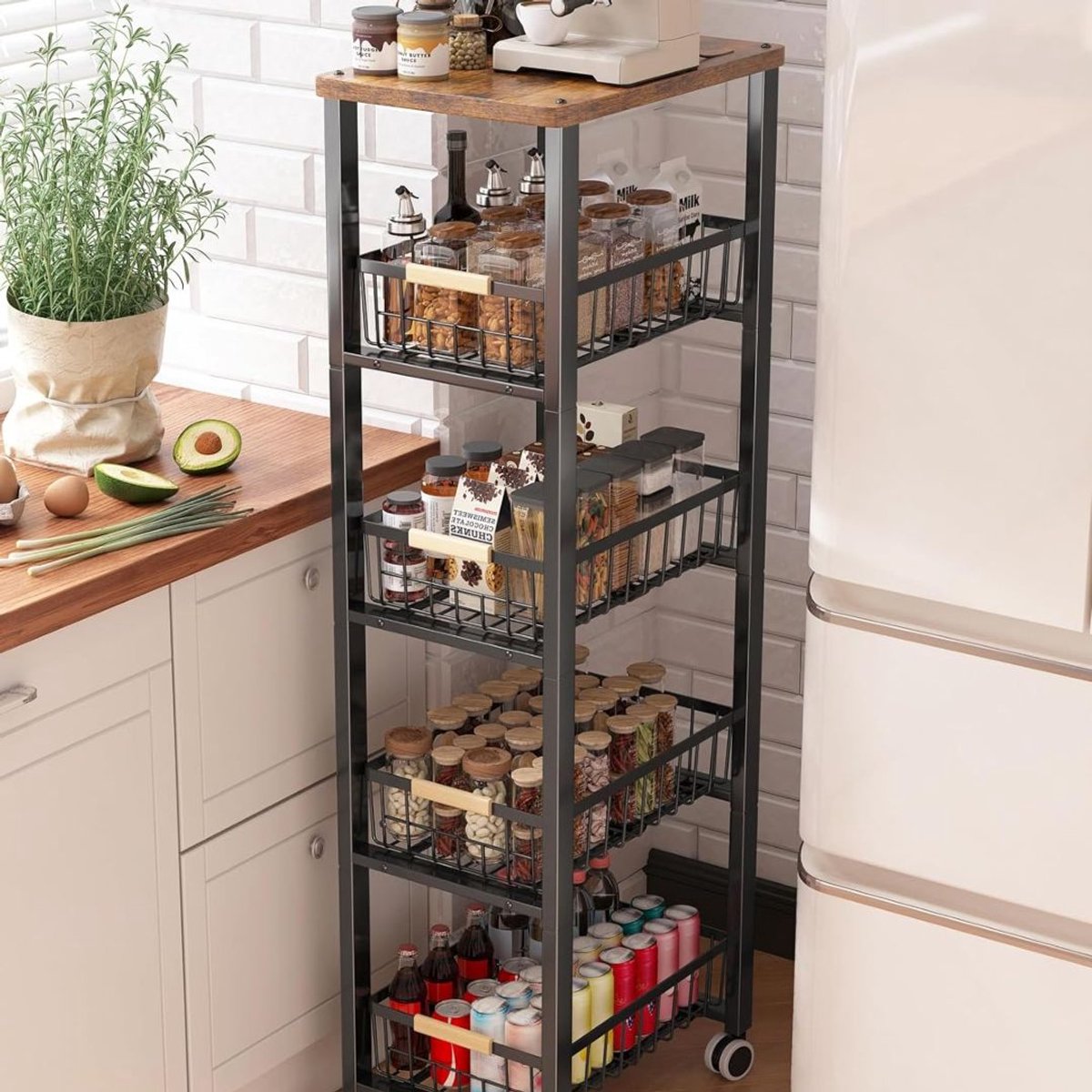 LNMsolutions® Keukentrolley - Keukentrolley Op Wieltjes - Badkamer Organizer - Zwart - 40cm x 30cm x 107cm