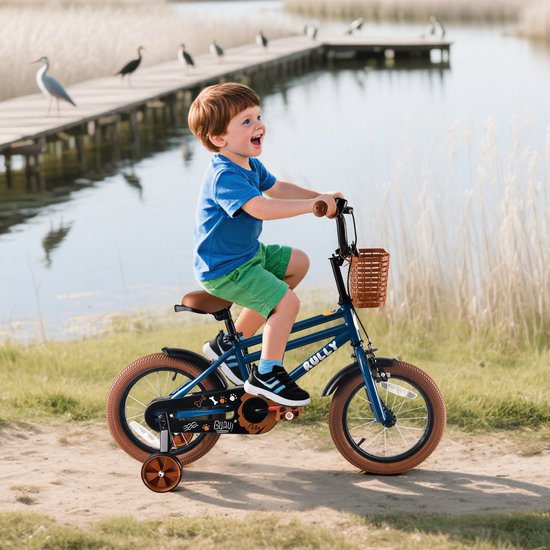 Rully Jongensfiets - 12/14/16 inch - Hondenprint met Botjes en Pootafdrukken - Met Zijwieltjes en Mand — afbeelding 2