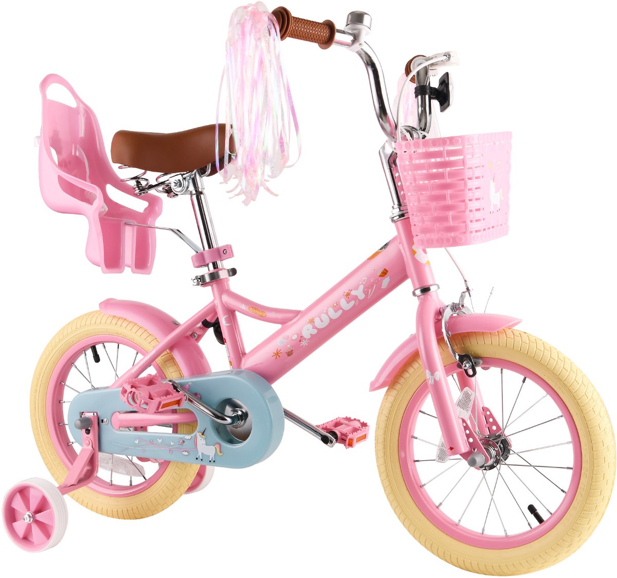 Vankel Kinderfiets voor Meisjes - 12/14/16 inch - Unicorn - 2-7 Jaar - Met Zijwieltjes, Mandje en Poppenzitje - Roze