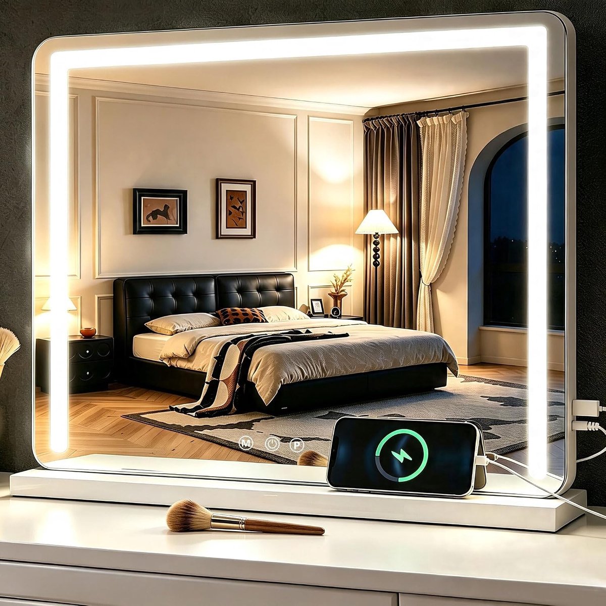 Make-upspiegel met Verlichting - Wit - 50 x 40 cm - Dimbare Hollywood-spiegel met USB-oplaadpoort - Voor Make-up en Slaapkamer