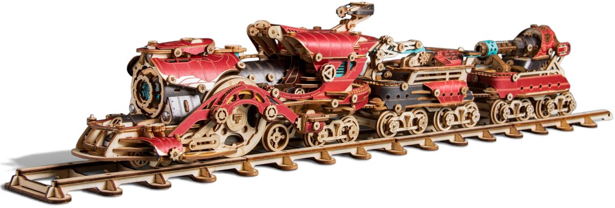 HowCat Fantasy Steampunk Train (2026) (Cherry Red) - 3D Houten Puzzel Steampunk Bouwpakket met LED - 800 Stuks – DIY Modelbouwpakket – Houten Bouwpakket – Houten Trein – Decoratief & Educatief – Kerst Sinterklaas Cadeau voor Kinderen en Volwassenen