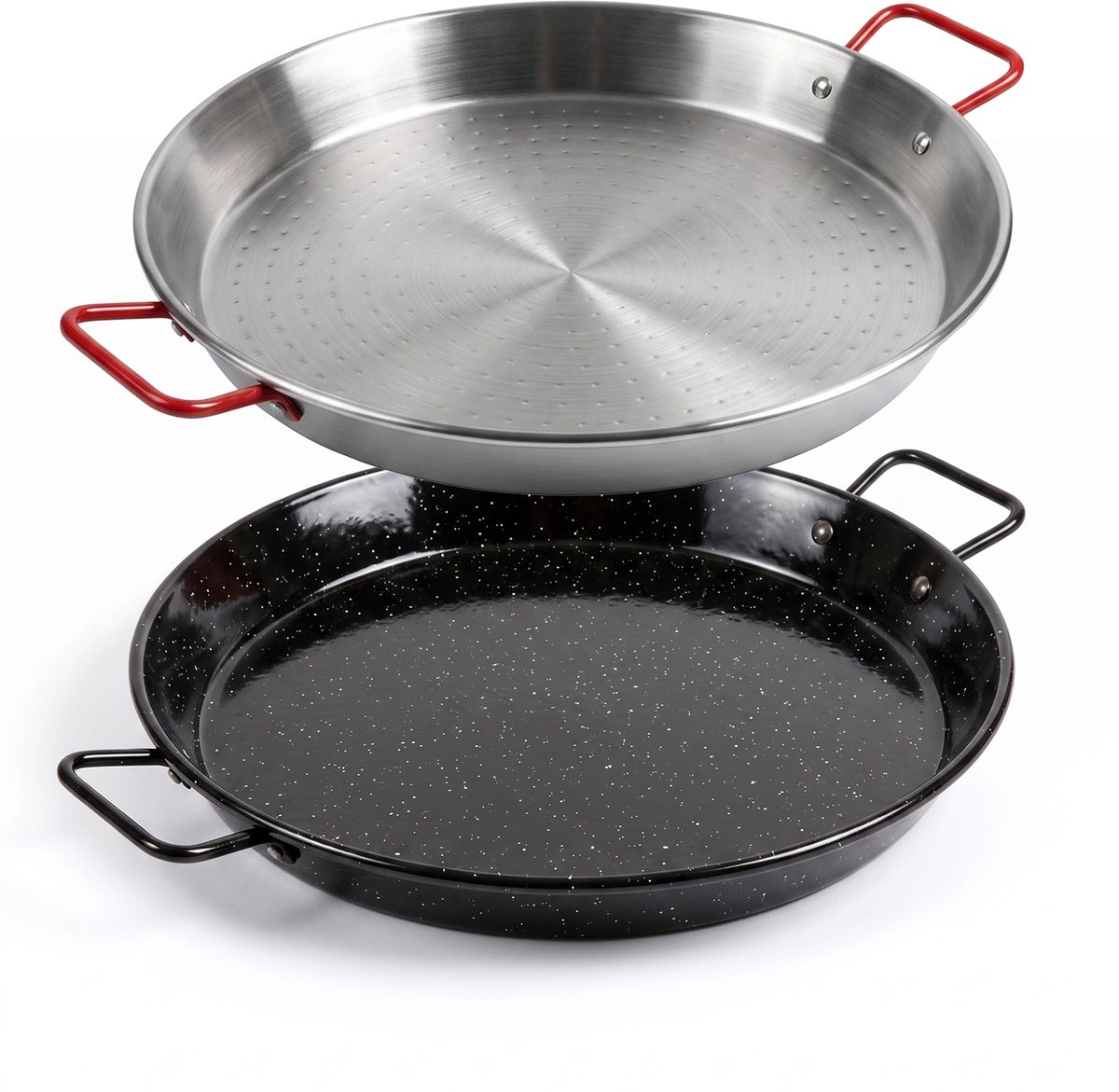 Le Pratique | Garcima voordeelset van 2x Paellapannen (46cm) | 1x Carbonstaal + 1x Geëmailleerd Staal | Geschikt voor 2x 12 personen | Authentieke Paellapannen | Made in Spain