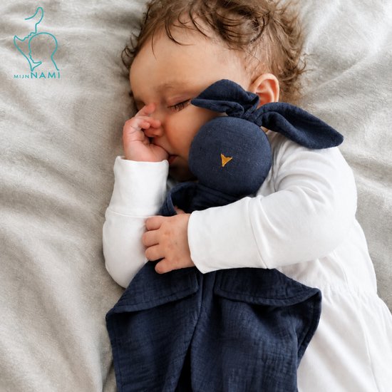 MijnNami Knuffeldoekje Baby Konijn - Hydrofiel Biologisch Katoen - Tutteldoekje - Evening Blue van MijnNami — afbeelding 4