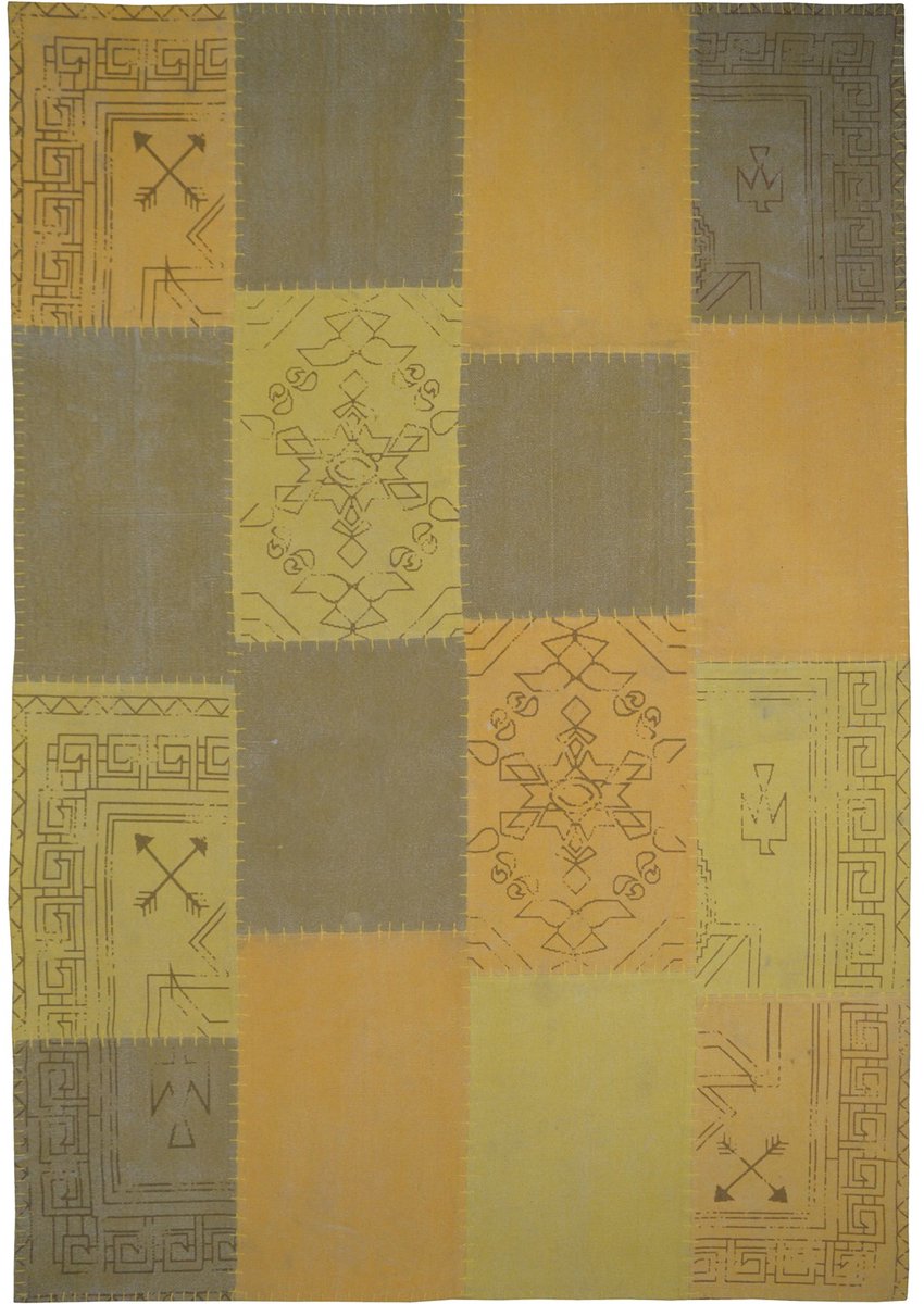 Padiro laagpolig vloerkleed 120 x 170 cm - geel - patchwork design - met grote rechthoekige vlakken en vintage ornamenten - geschikt voor vloerverwarming - van katoen