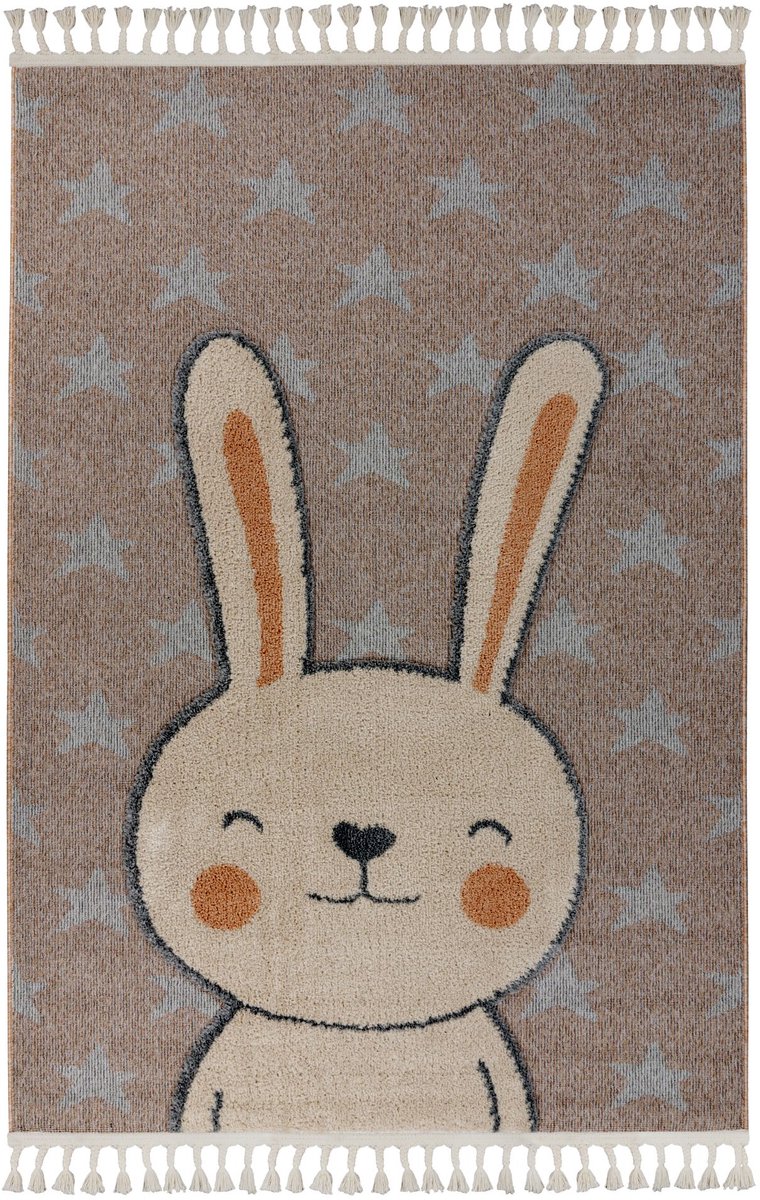 Padiro kindervloerkleed 120 x 170 cm - beige - speels kindermotief - met konijnenmotief - van polypropyleen frisee