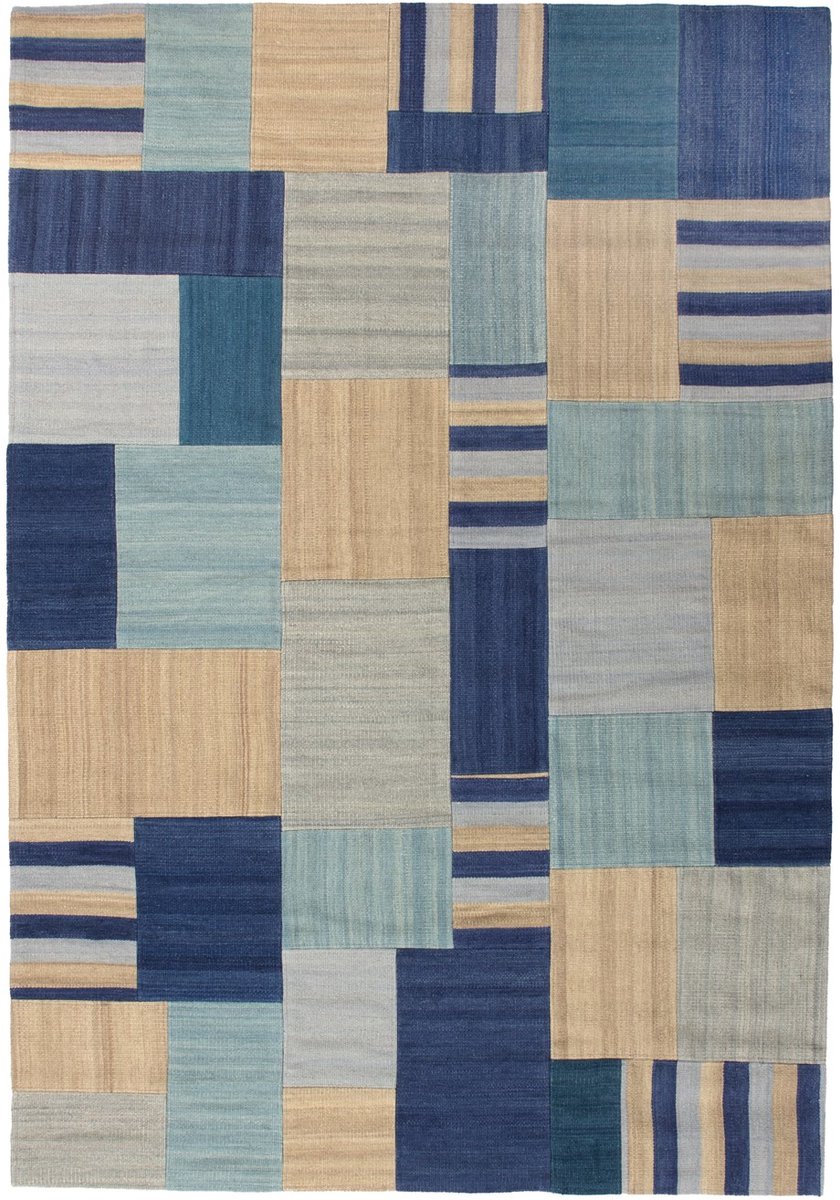 Padiro laagpolig vloerkleed 80 x 150 cm - blauw / meerkleurig - modern geometrisch patroon - geschikt voor vloerverwarming - van wol en katoen