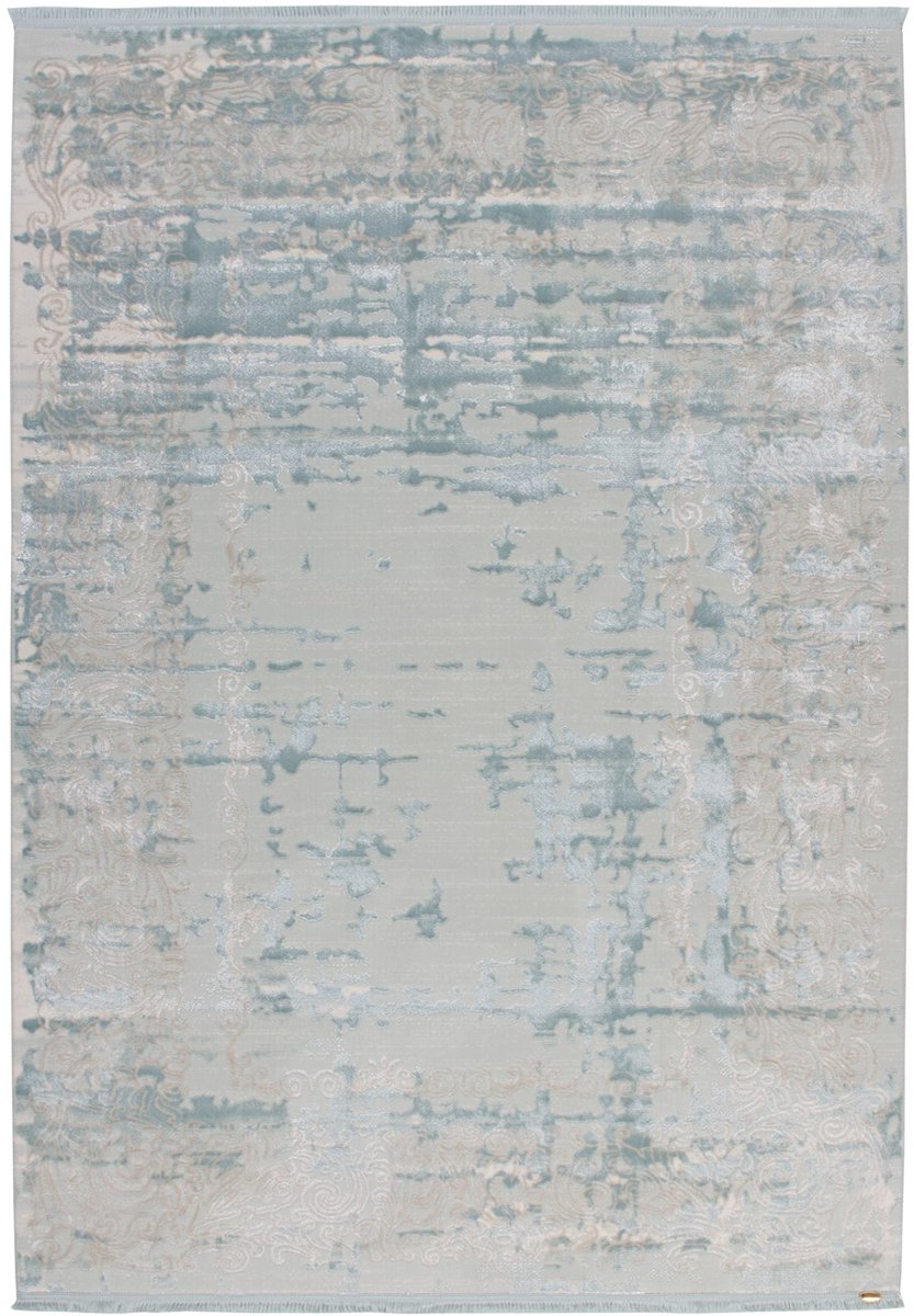 Padiro laagpolig vloerkleed 120 x 170 cm - lichtblauw - modern abstract design - met franjes - geschikt voor vloerverwarming - van modacryl en polyamide