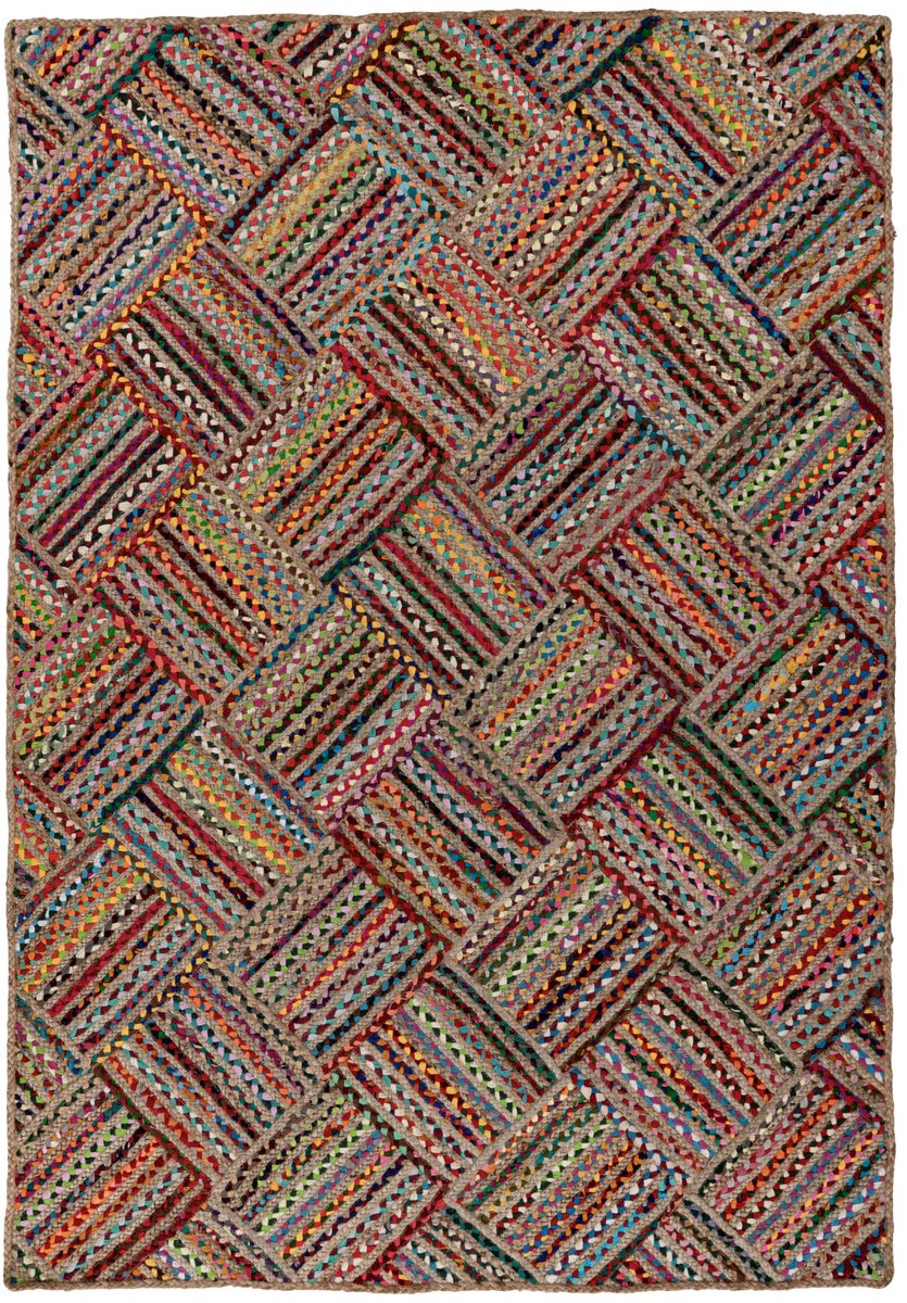 Padiro laagpolig vloerkleed 160 x 230 cm - meerkleurig - boho geometrisch patroon - geschikt voor vloerverwarming - van gerecycled katoen en jute