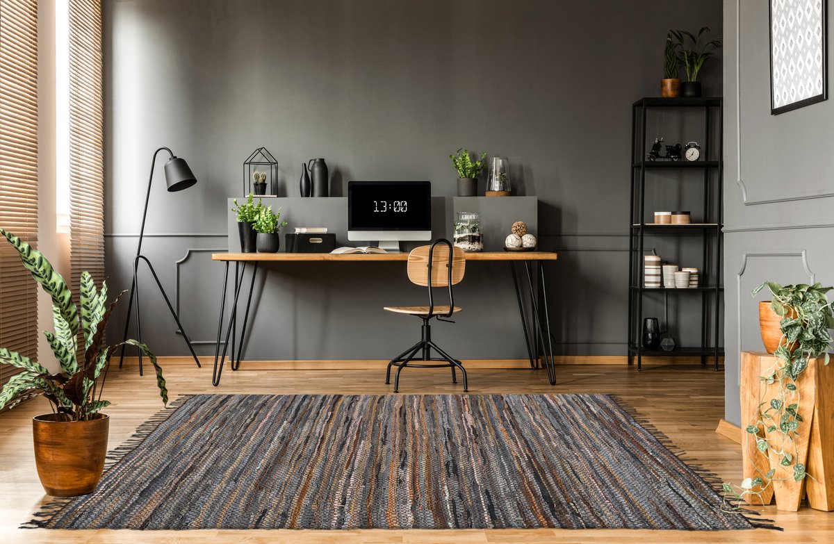 Padiro laagpolig vloerkleed 120 x 180 cm - bruin / meerkleurig - industrieel streeppatroon - geschikt voor vloerverwarming - van leer en katoen