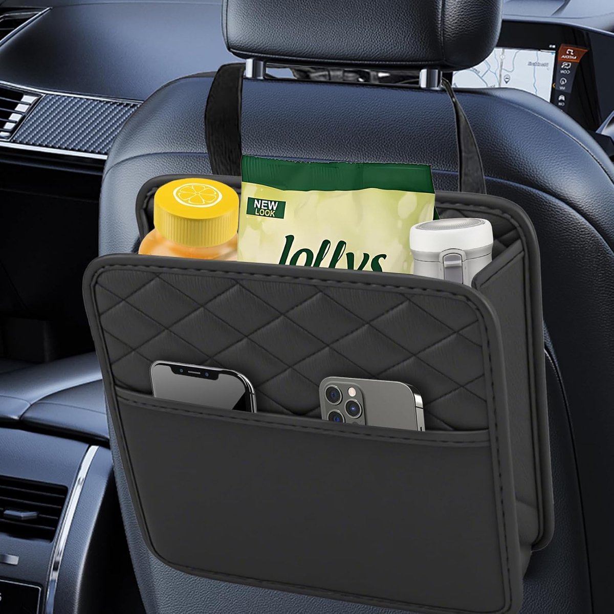 Autostoelorganisator - 2-in-1 hangende opbergtas voor in de auto - waterdichte lederen achteropslag voor autostoelen - opvouwbare autostoelopbergorganizer - multifunctionele voertuigaccessoires geschikt
