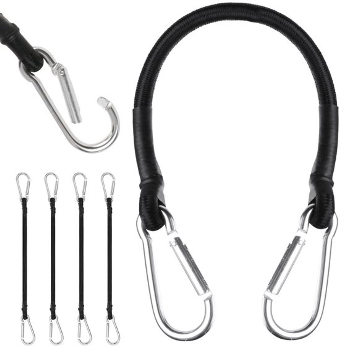 Expandertouw 4 Stuks - Elastisch Koord 30/60/100 cm - Karabijnhaken - Slijtvast - Sterke Elasticiteit - Rubbergaren met Polypropyleen - Elastisch Touw