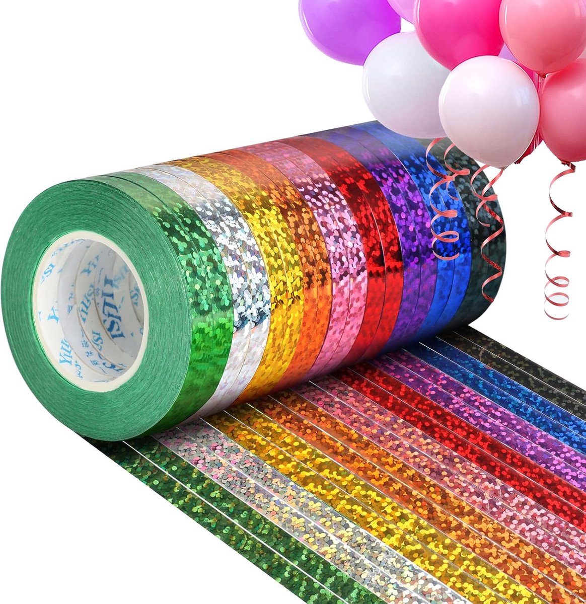 Set van 18 rollen cadeaulint - 5 mm - kleurrijke ballonnen - cadeaulint - kleurrijk - glitter - knutselband - ballonband voor Kerstmis - bruiloft - bloemist - feestdecoratie