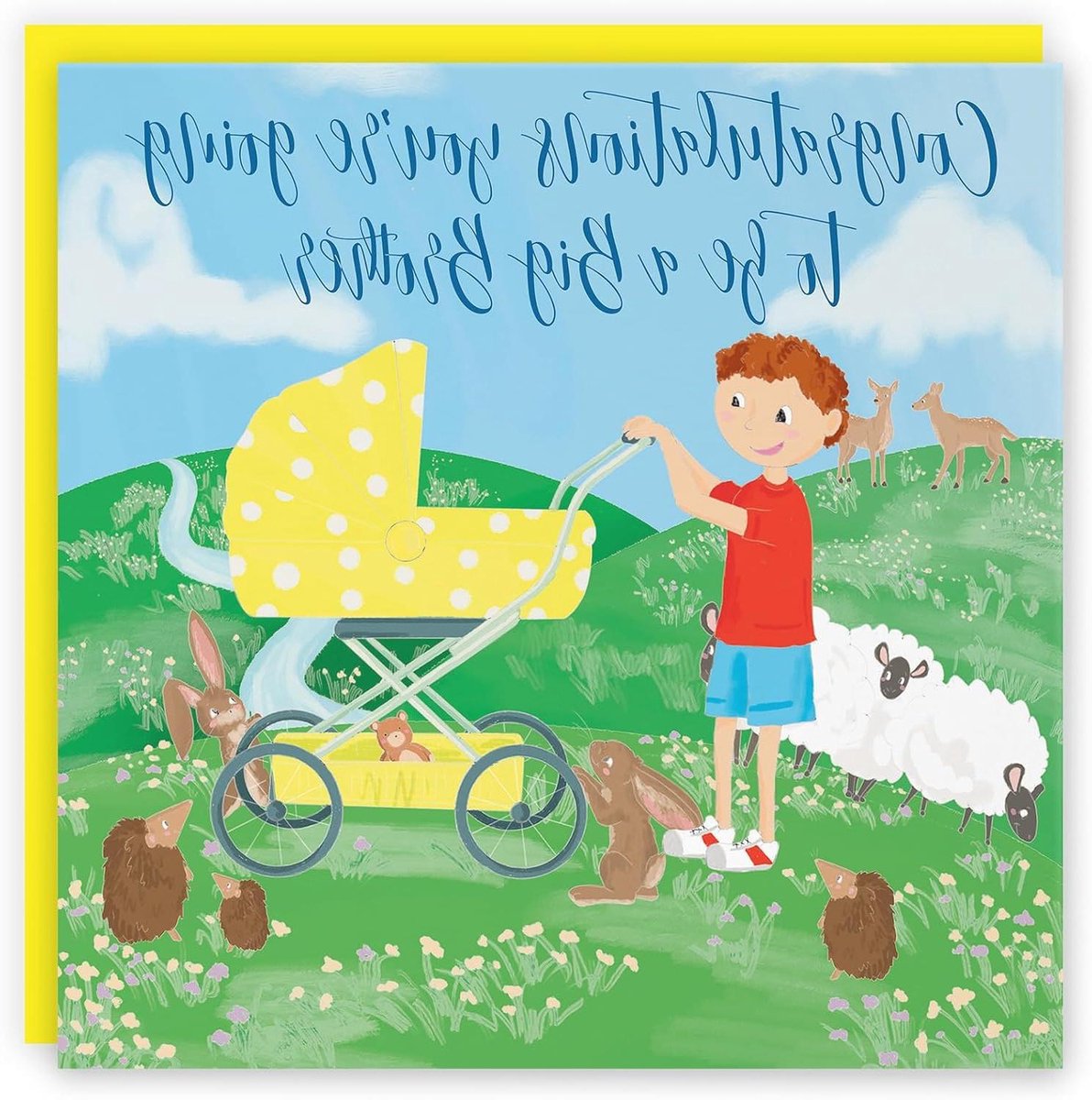 Grote Broer Kaart - Zwangerschap Aankondiging - Grote Broer Worden - Gele Kinderwagen Design - 148 x 148 cm - Geel