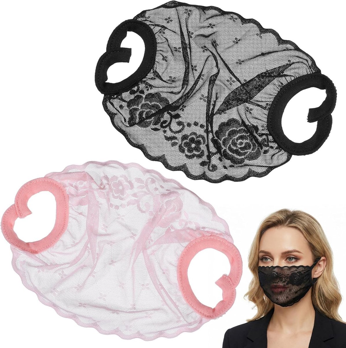 2 Stuks Kanten Gezichtsmasker voor Vrouwen - Herbruikbaar Mesh Half Gezichtsmasker voor Feest, Avondbal en Kostuumaccessoires (Zwart, Roze)
