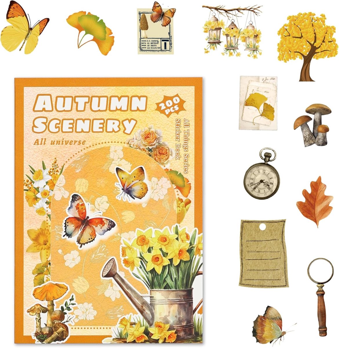Oranje Herfstscène Scrapbook Stickers – 20 Vellen met 200 Vooraf Gesneden Stickers – PET Transparant en Papier – Leesthema met Bladeren, Bloemen, Vlinders en Kleine Dieren – DIY Decoratie voor Journaling en Cadeaus
