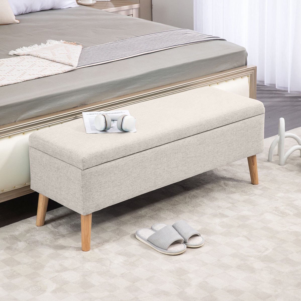 MIVRAY Zitbank – Opbergruimte Met Klapzitting – 110 x 39 x 45 cm – Polyester en Hout – Beige – Voor Hal Slaapkamer en Woonkamer