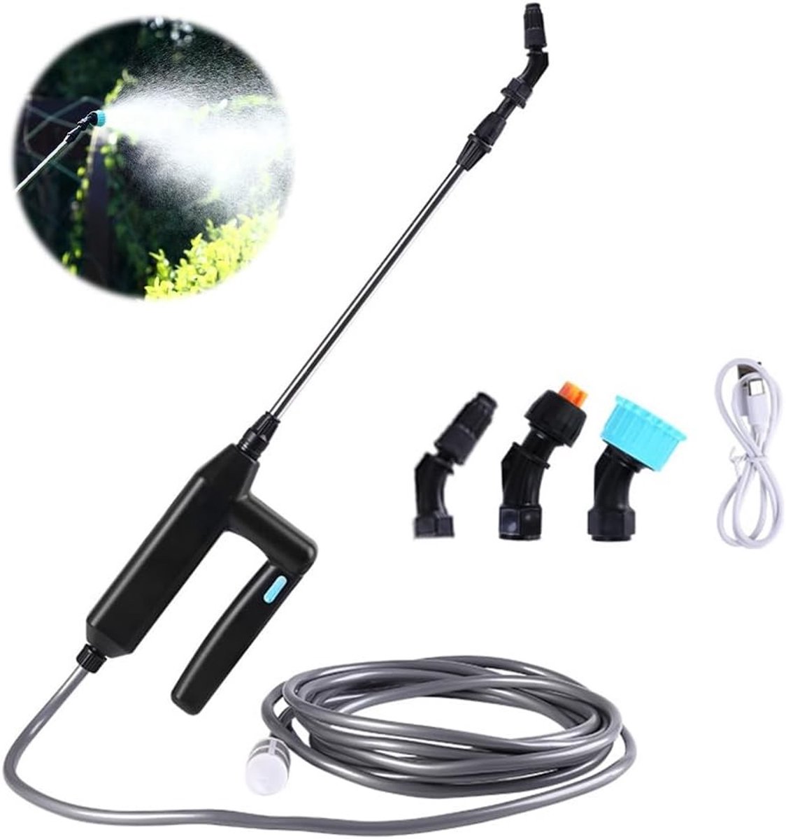 SnelShoppen - Draagbare Elektrische Drukspuit, 7.4V/1A Tuin Spuit met 3 Mondstukken, 8 m Slang, Oplaadbare USB, Voor Tuinieren en Planten Wateren
