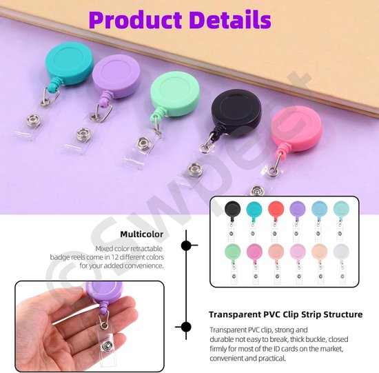 12 Stuks 12 Kleuren 24 Inch Uittrekbare Badge Reel met 360° Rotatable Klem, Ideaal voor Verpleegkundigen, Studenten en Docenten — afbeelding 2