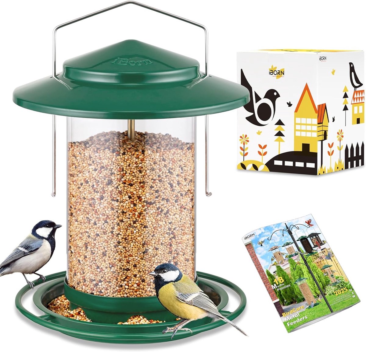 Metalen Vogelhuisje voor Hangend Gebruik, Voederhuis met 6 Voedingsgaten en Weerbestendig Dak, Ideaal voor Tuin en Wilde Vogels