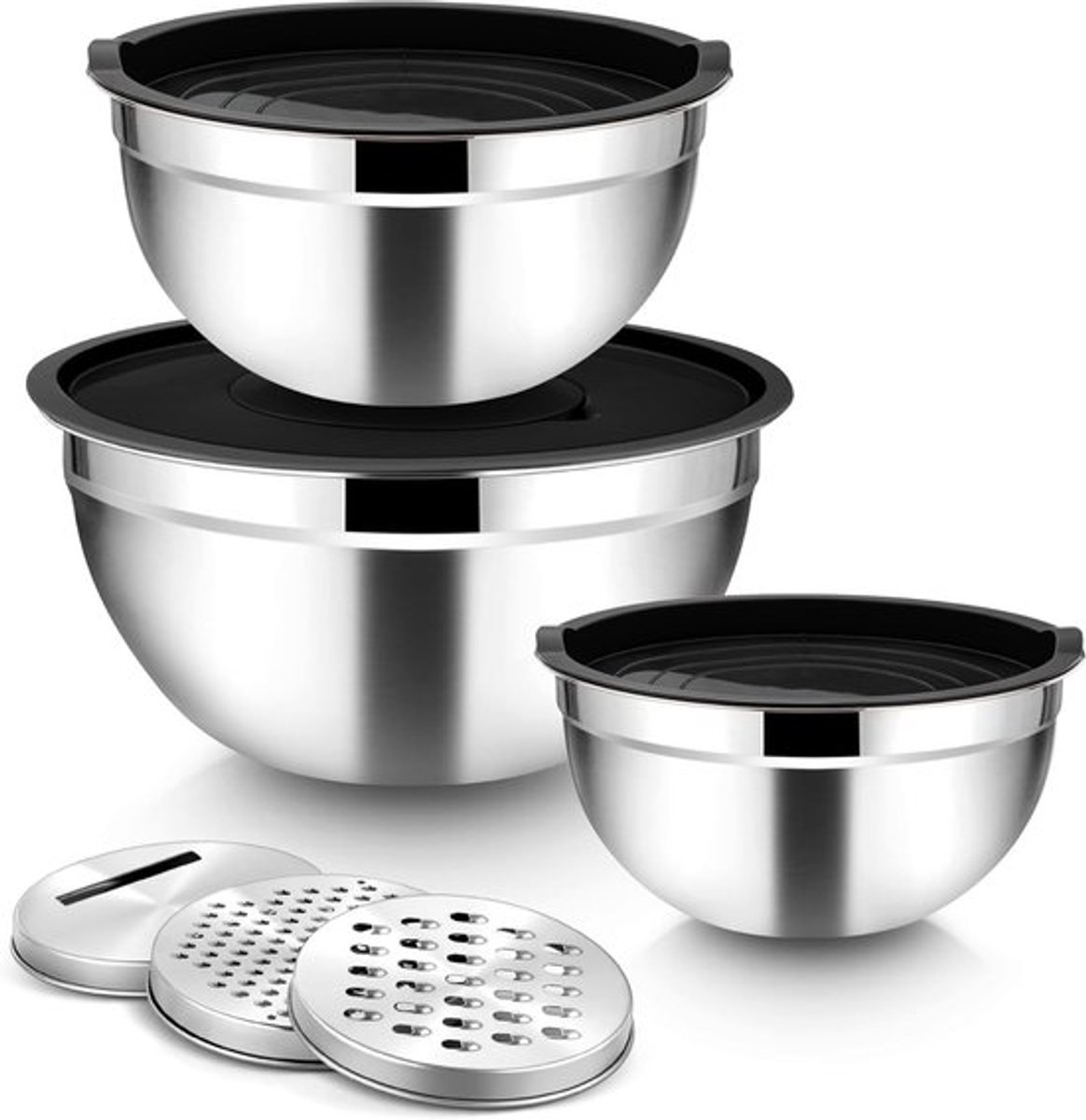 Set van 3 RVS Mengkommen met Rasppop Accessoires - Ideaal voor Koken en Bakken
