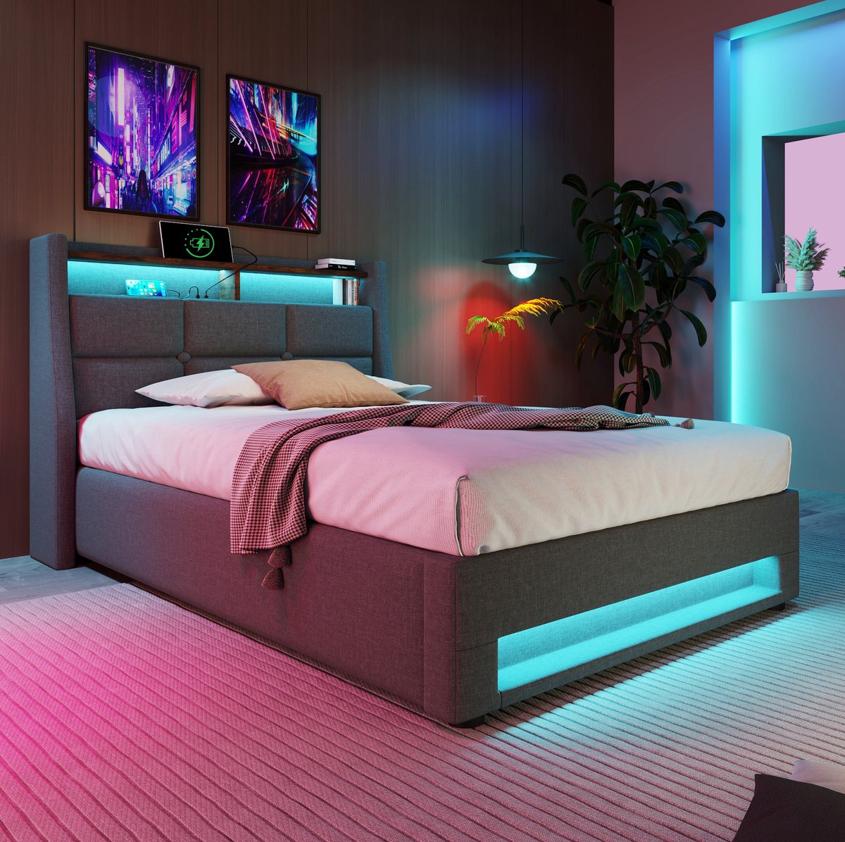 COVREO Gestoffeerd bed 90x200 cm grijs stof, met LED, USB en opbergruimte