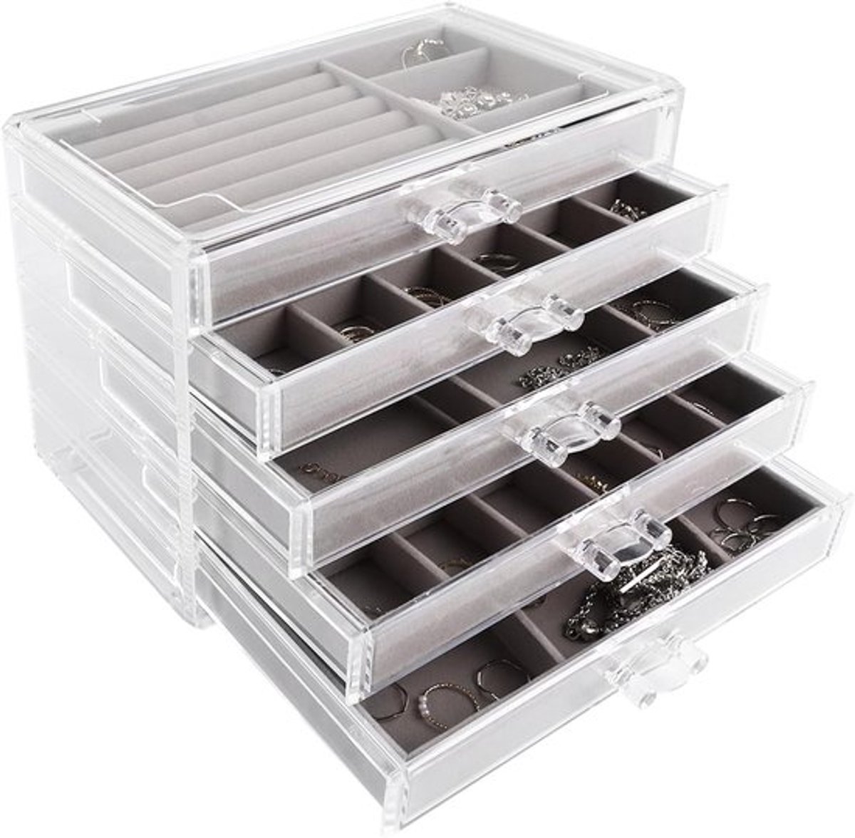 Sieradenopbergdoos met 5 lades van grijs acryl, ideaal voor kettingen, oorbellen en ringen, perfect voor het organiseren van sieraden