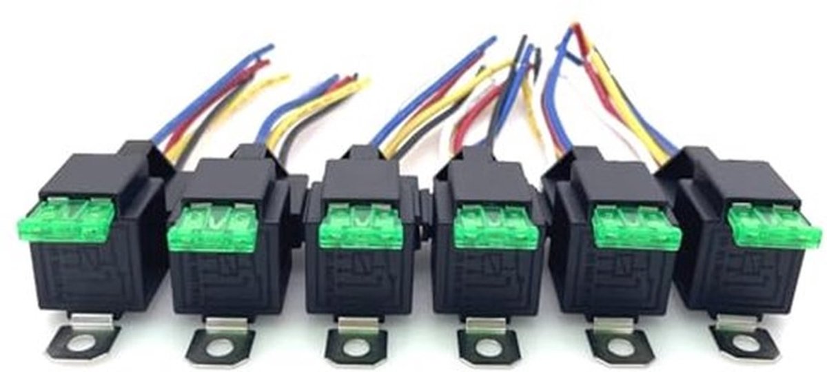 6 stuks 5-pins auto-relais-schakelaarbedrading met 5 gekleurde draden, AAN/UIT normaal open auto-relais 12V zekering relaisbedrading met doppenset, 5-pins SPDT-relais met 30A-bladzekeringen