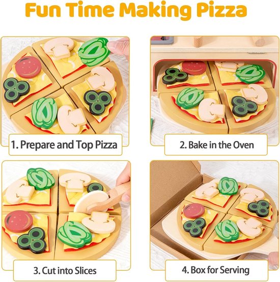Houten speelgoed pizza set - 50-delig - pizzaoven met snijder - rolspel voor kinderen vanaf 3 jaar — afbeelding 3