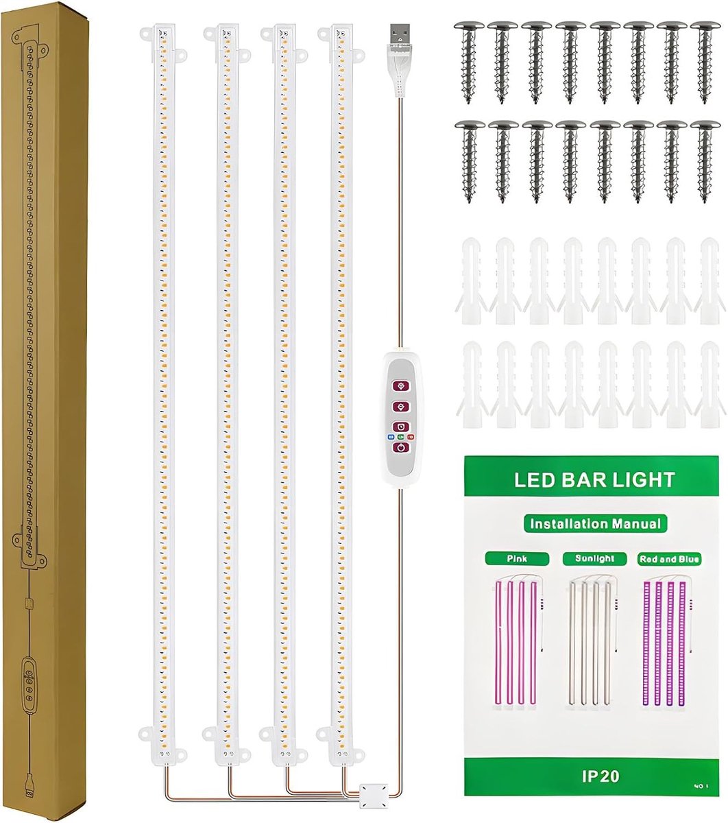 Led-plantenlicht met timer en 5 groeilampen, 8 W, ideaal voor hydrocultuur en binnenshuis tuinieren (4 stangen)
