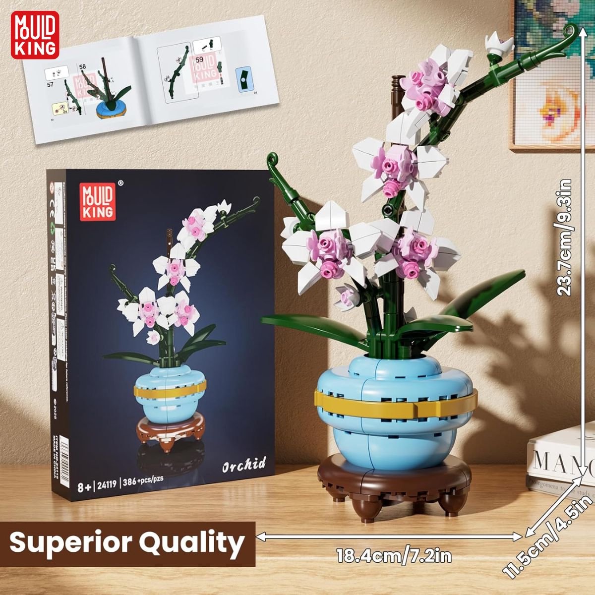 Mould King 24119 - Orchidee Bloemenboeket in Vaas - Classic Creator - STEM speelgoed - bloemen bouwpakket - Modelbouw volwassenen & kinderen - DIY Kunstbloemen geschikt voor Lego - Bouwdoos met 386 bouwstenen — afbeelding 8