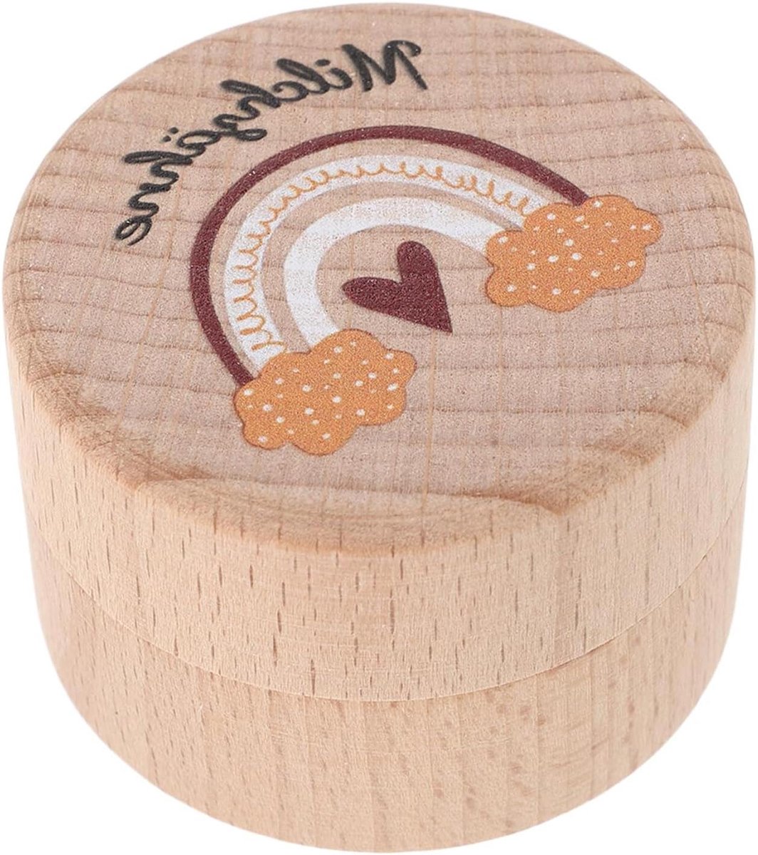 Houten Melktandendoosje - Tandendoosje Cartoon - Melktanden Bewaren - Speciale Tand Markering - 5 x 5 x 3.5 cm - Beige