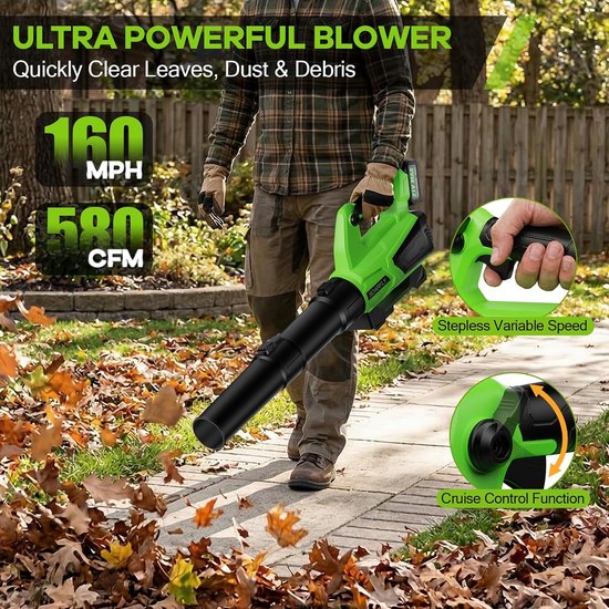 Accu Bladblazer 21V - 2x 4.0Ah Accu - 160 MPH / 580 CFM - Traploos Regelbaar - Inclusief Oplader — afbeelding 2